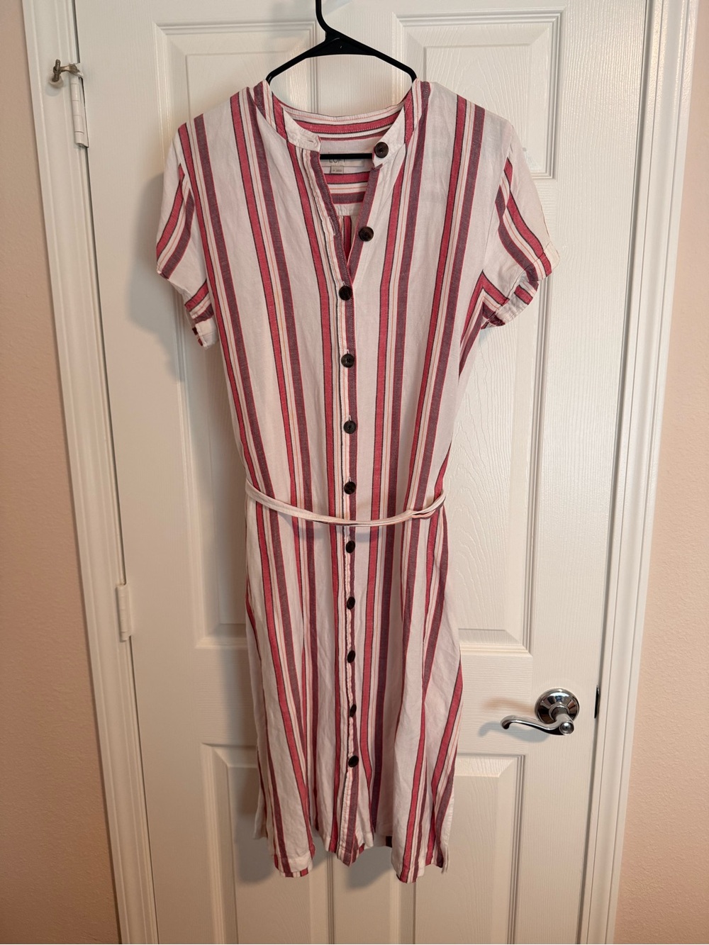 LOFT Red and White Striped Button-Front Dress